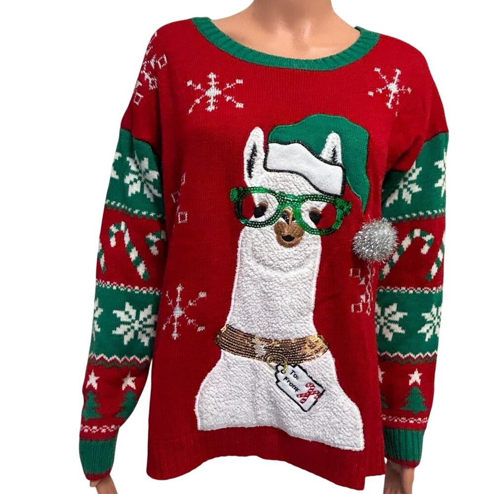 Ugly Christmas Sweater Drama Llama Red /Green womens size L green sequin glasses